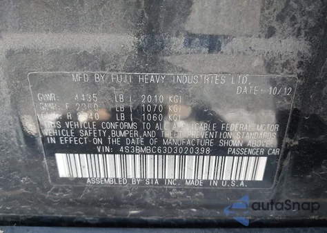 2013 Subaru Legacy 2.5I Premium из США, поврежденный, VIN 4S3BMBC63D3020398